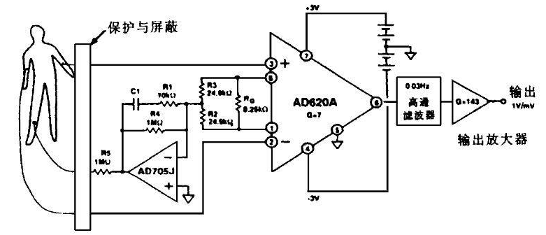 AD620应用电路图 - 心电图监测电路