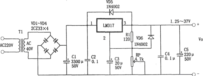 由LM317稳压器组成的1.25～37V可调电源电路