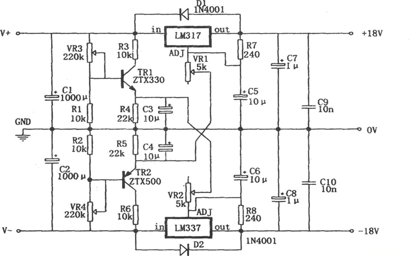 由LM317稳压器组成的0～±30V、1.5A电源电路