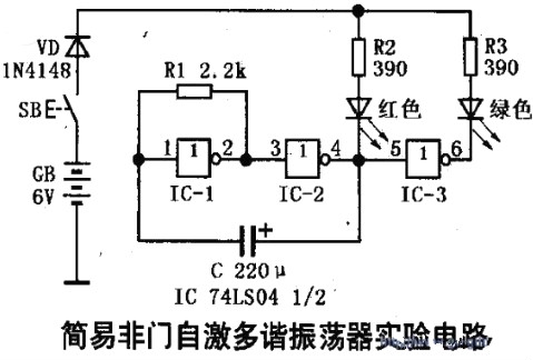 74ls04应用电路：简易自激多谐振荡器