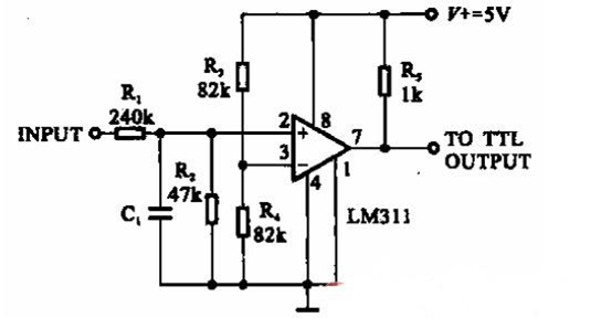 LM311应用电路图3：由LM311构成的TTL逻辑电平接口电路