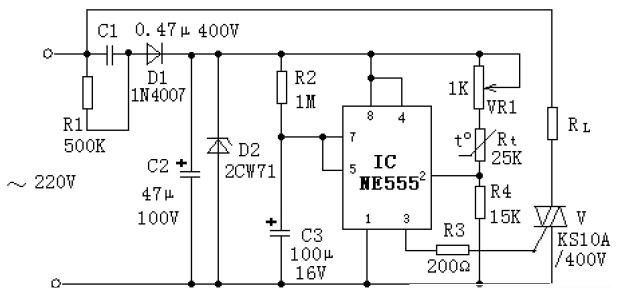 555构成的简易温度控制器电路设计图