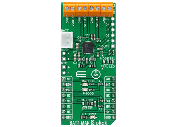 Mikroe bat - man 3 Click具有Analog Devices ADP5350电源管理IC，带有电感式boost LED和三个LDO调节器。