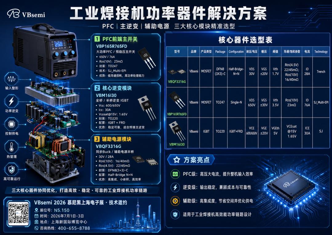 工业焊接机功率链路优化：基于PFC、逆变与辅助电源管理的MOSFET精准选型方案