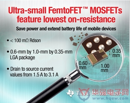 德州仪器超小型 FemtoFET? MOSFET 支持最低导通电阻