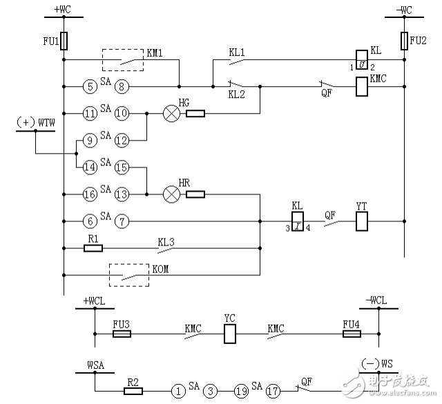 图4 灯光监视的断路器控制回路（电磁操动机构）