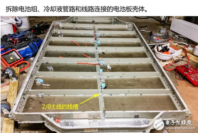 特斯拉拆除电池组、冷却液管路和线路连接电池板壳体-电子元器件采购网