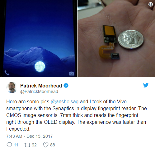 vivo将成为首款搭载Synaptics屏幕指纹识别传感器的手机厂商