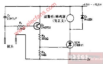 报警铃输出简单的液体或蒸汽触发报警电路图