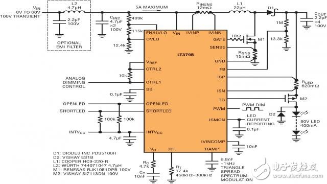 80V、400mA 汽车 LED 驱动器具备内部扩展频谱功能以降低 EMI-电子元件