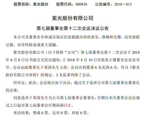 紫光股份有限公司第七届董事会第十二次会议决议公告-电子元器件
