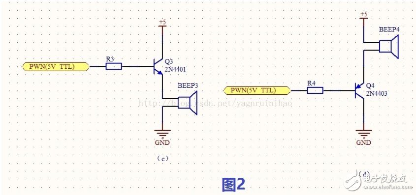 用NPN三极管，同样把蜂鸣器连接到三极管集电极，不同的是 是还用的驱动信号是5V的TTL电平