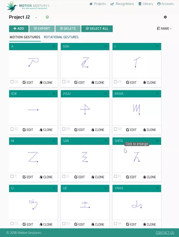 Motion Gestures的软件开发平台中的日语文字库2