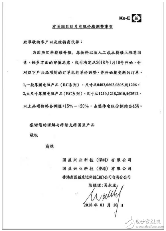 有美国巨贴片电阻价格调整事宜