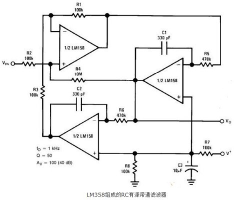 LM358应用电路图：RC有源带通滤波器