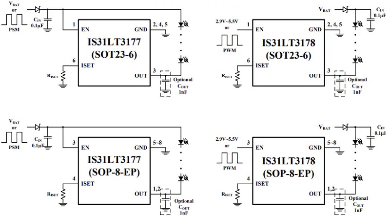 Lumissil IS31LT3177 / 78 LED驱动器应用电路图
