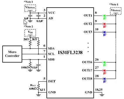 Lumissil IS31FL3238 18通道LED驱动器典型应用电路图