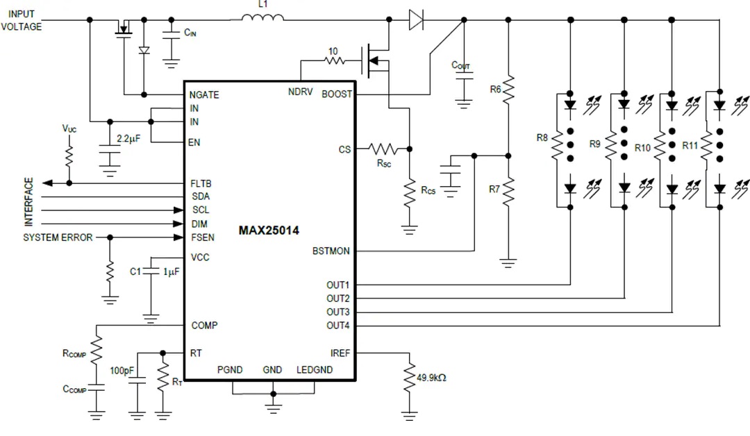 MAX25014汽车类四通道背光驱动器的应用电路图