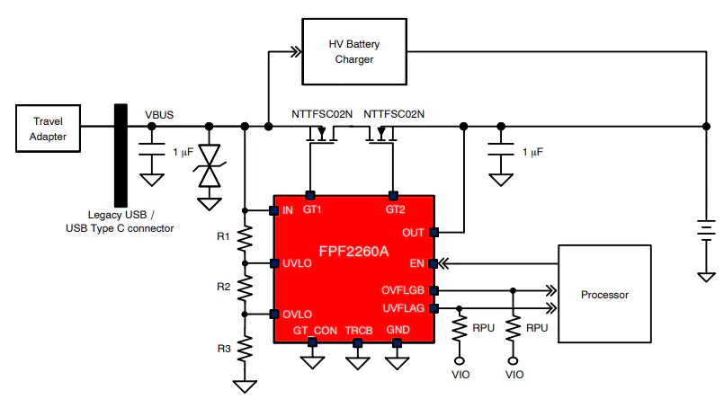 FPF2260ATMX OVP / UVLO保护控制器电路原理图