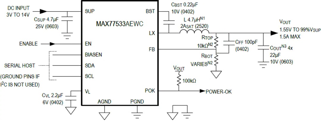 MAX77533高效降压稳压器应用电路（外部反馈）