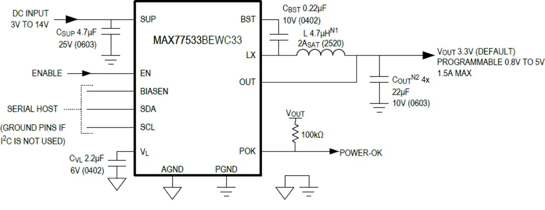 MAX77533高效降压稳压器应用电路（内部反馈）