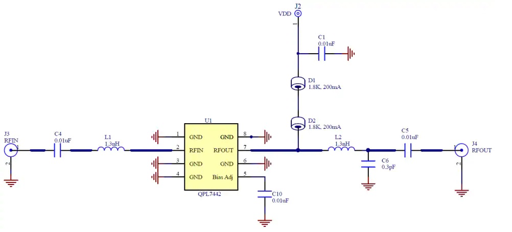 QPL7442射频放大器典型应用电路原理图