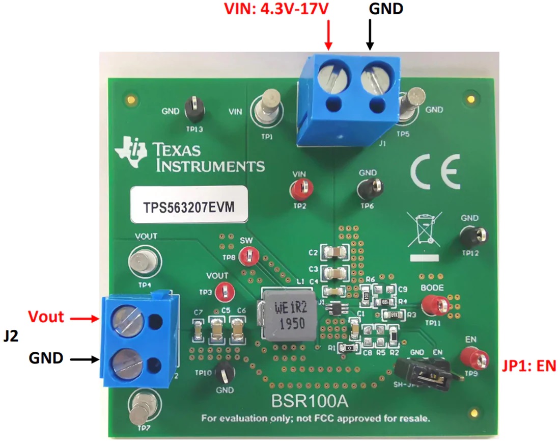 TPS563207EVM转换器评估模块连接器和跳线放置