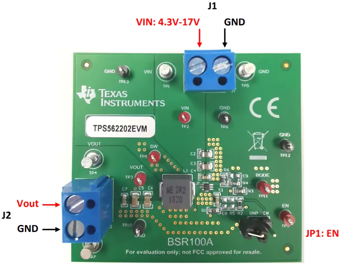 TPS562202EVM转换器评估模块连接器和跳线放置
