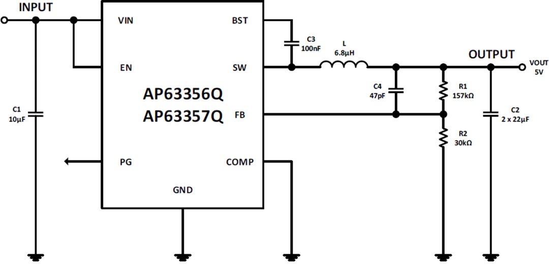 AP63357Q汽车同步降压转换器典型应用电路图