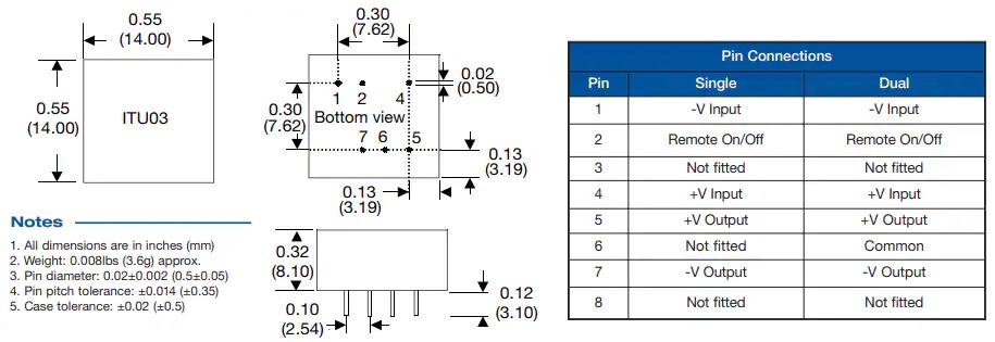 ITU03 3W稳压DC-DC转换器尺寸和引脚功能