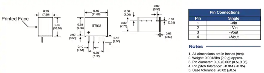 ITR03 3W非稳压DC-DC转换器尺寸和引脚配置图