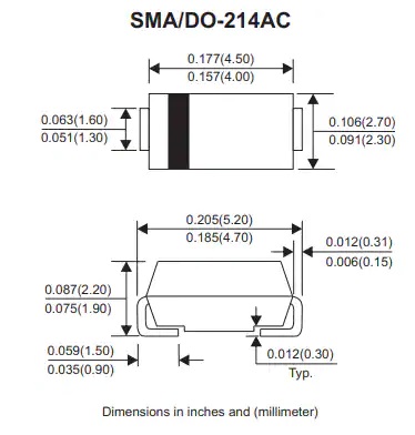 RS2x-HF SMD快速恢复整流器尺寸（英寸/毫米）