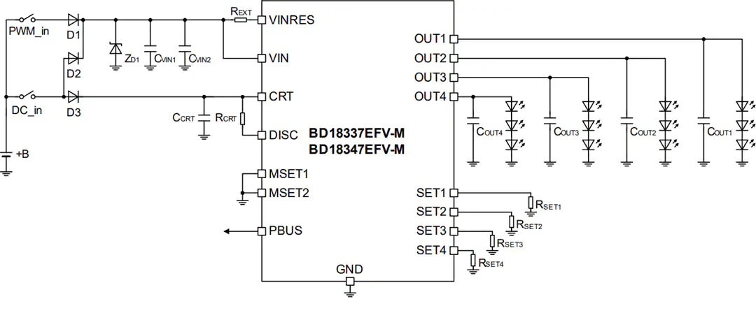 BD18337EFV-ME2和BD18347EFV-ME2 LED驱动器典型应用电路