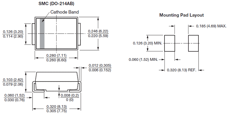 该二极管采用DO-214AB封装。SS34数据表中给出的包装尺寸 如下所示