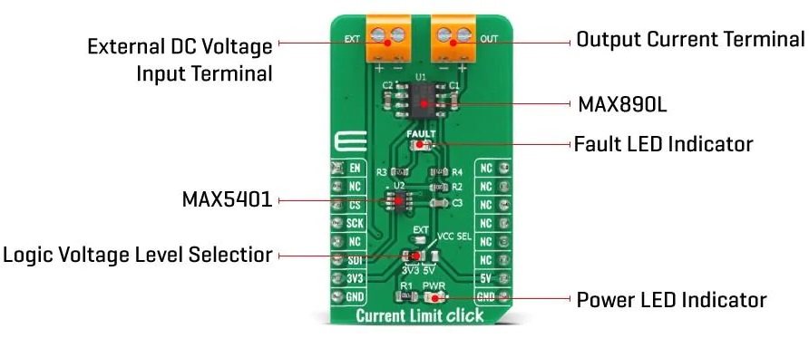具有低压P沟道MOSFET电源开关的Mikroe Current Limit Click的介绍、特性、应用、及结构图